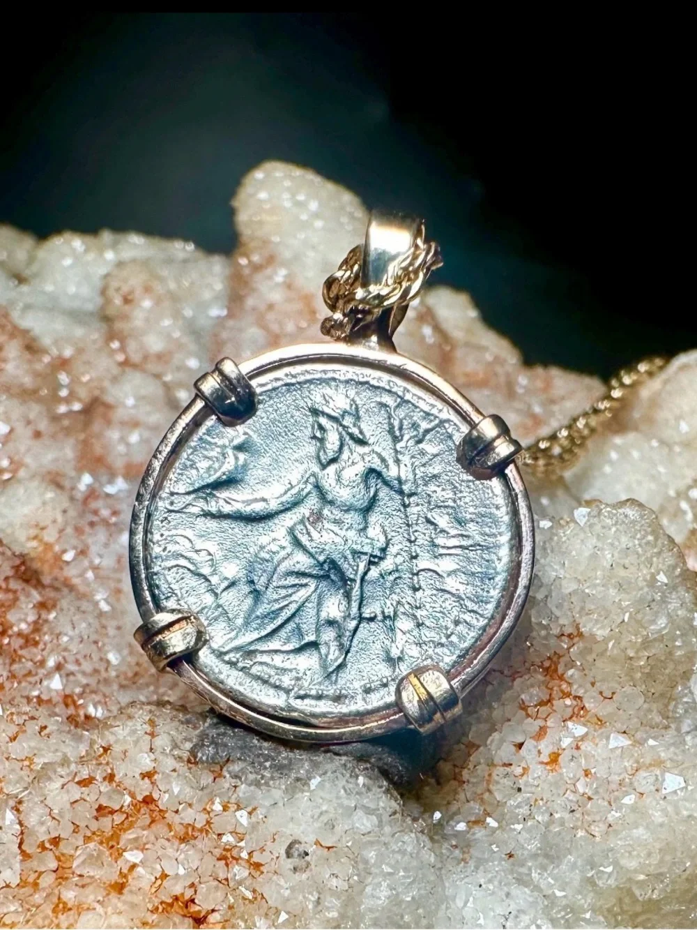 Ancient Greek Silver Coin Pendant Gold Bezel Heracles Zeus Alexander w/ COA